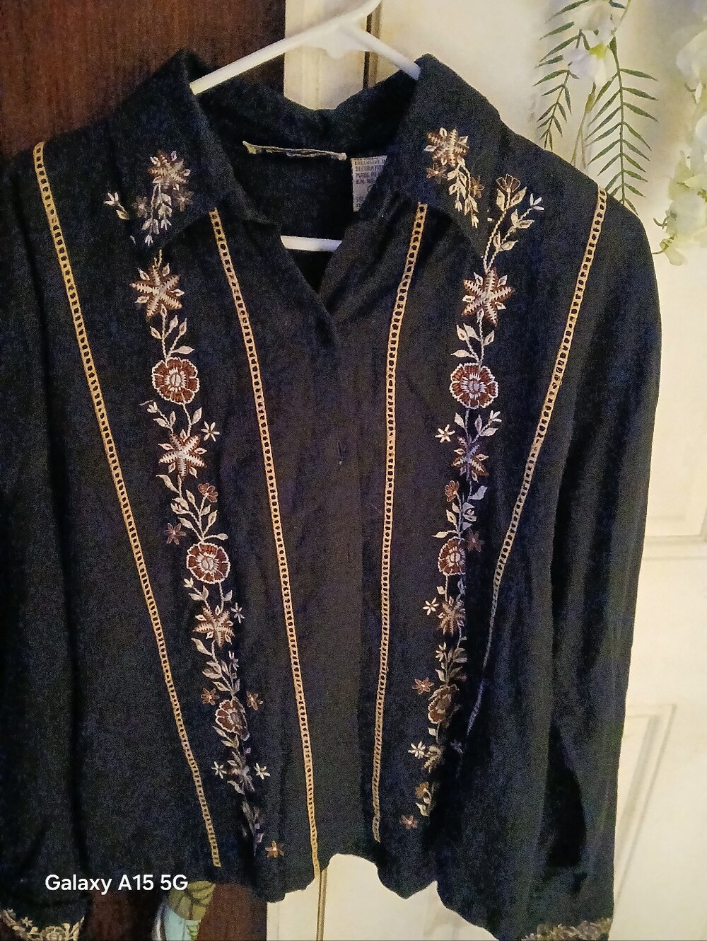 new directions Black Button-Down Shirt with Gold & Brown Floral Embroidery